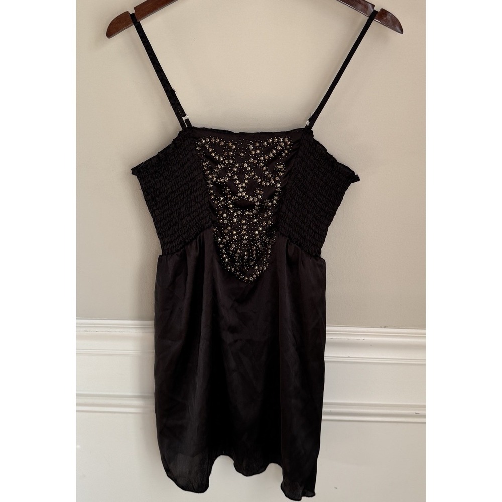Angie Satin Studded Black Smocked Babydoll Camisole Medium Y2K
